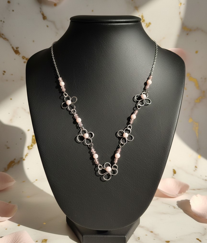 collier "fleur de tendresse" en acier inoxydable et perles de verre rosées collier "fleur de tendresse" en acier inoxydable et perles de verre rosées